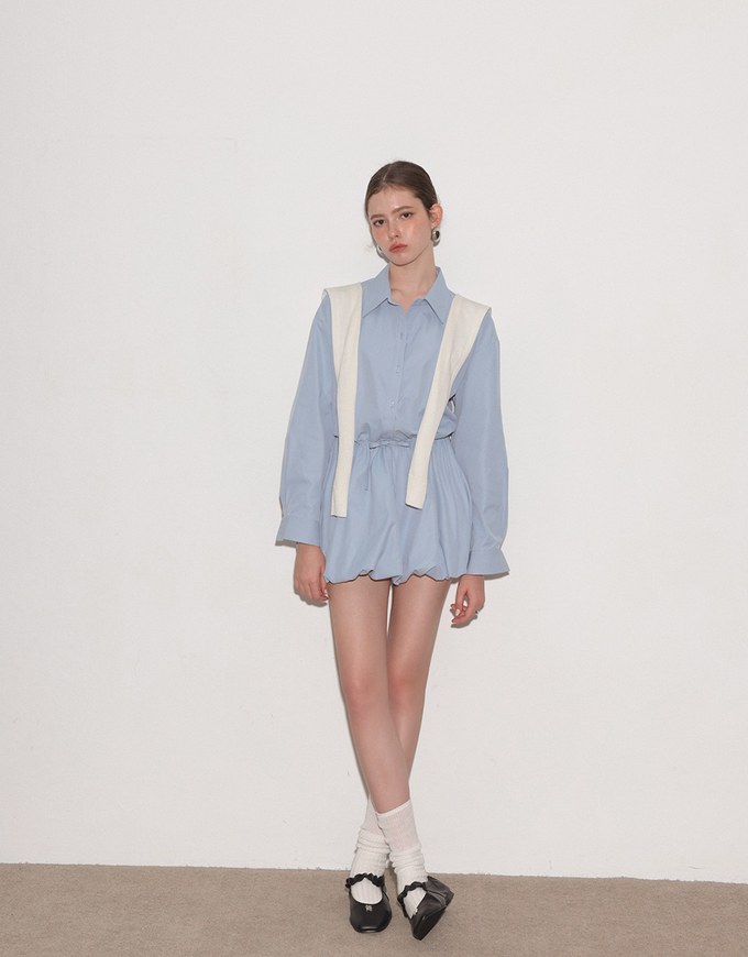 Adjustable Drawstring Waist Balloon Hem Shirt Dress