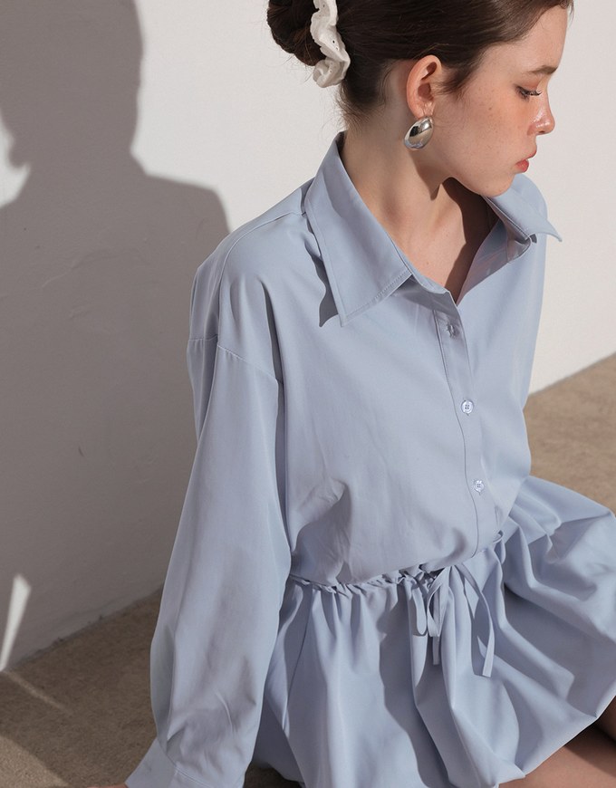 Adjustable Drawstring Waist Balloon Hem Shirt Dress