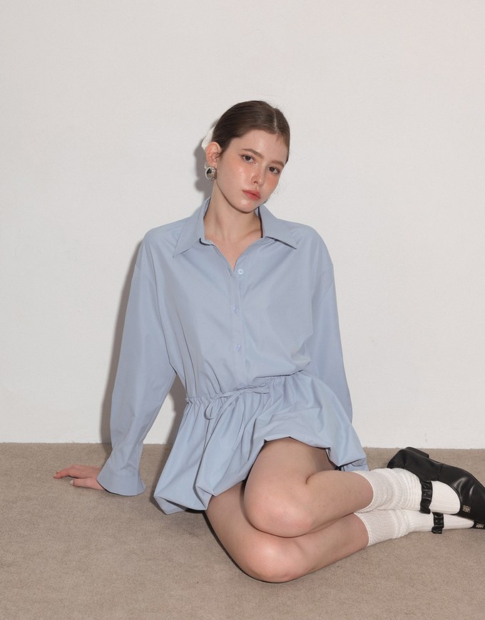 Adjustable Drawstring Waist Balloon Hem Shirt Dress