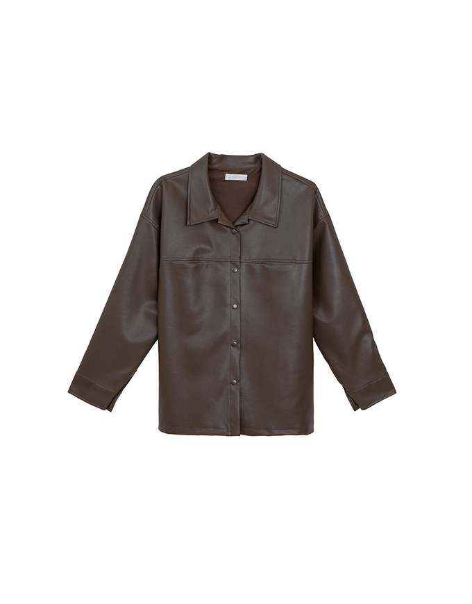 Classic Collar Faux Leather Snap Button Oversized Jacket