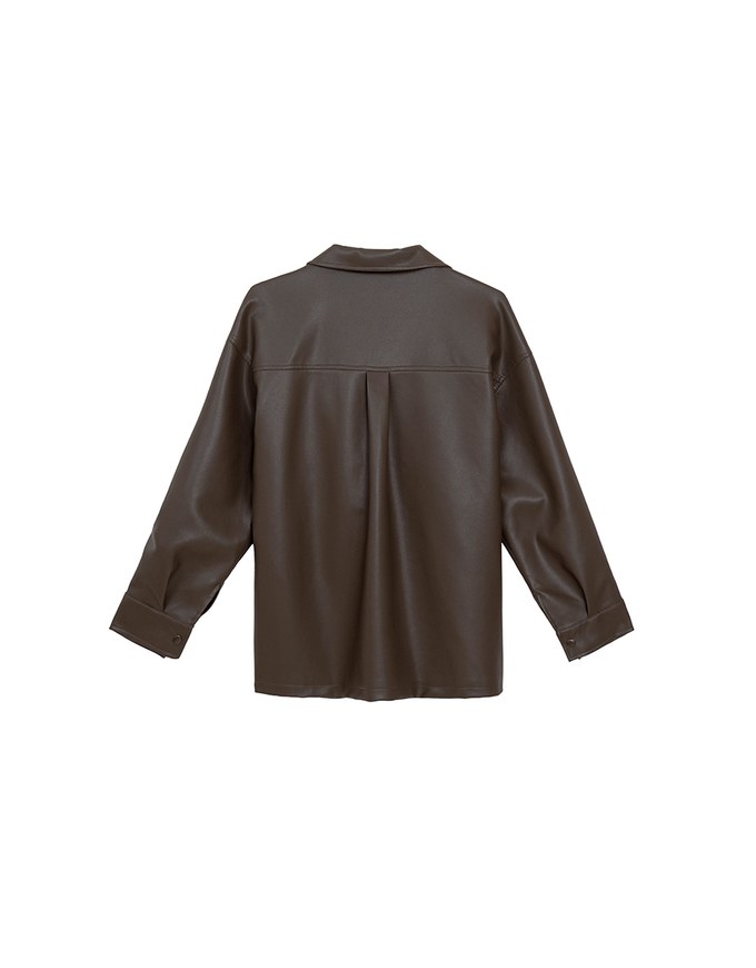 Classic Collar Faux Leather Snap Button Oversized Jacket