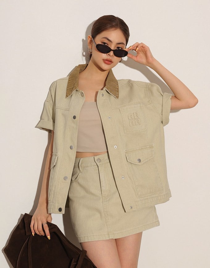 Contrast Collar Short Sleeve Jeans Denim Jacket
