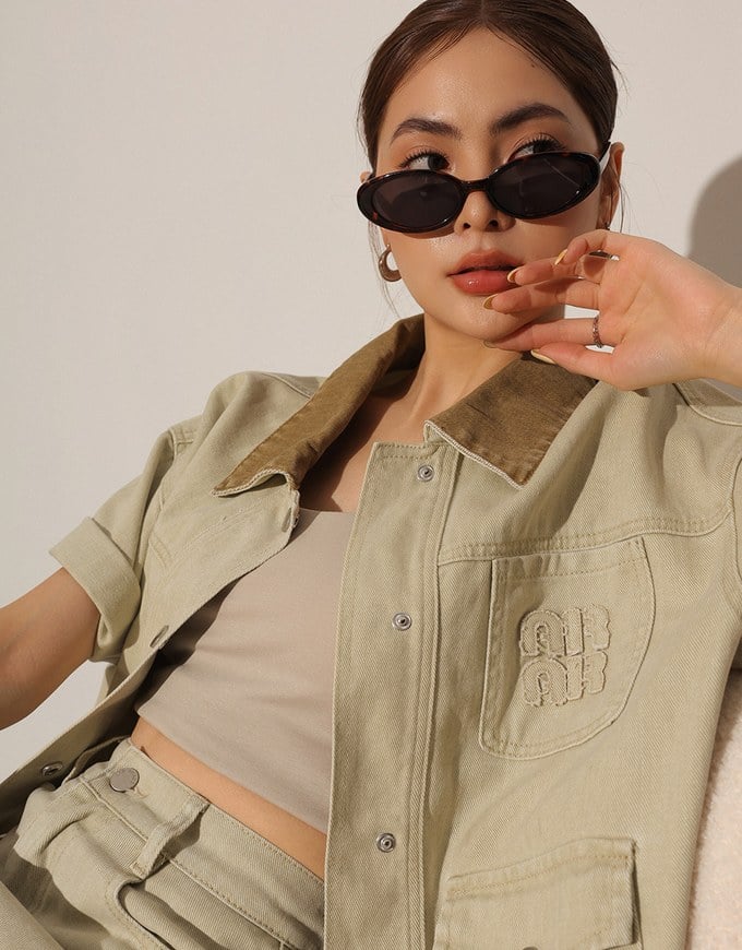 Contrast Collar Short Sleeve Jeans Denim Jacket