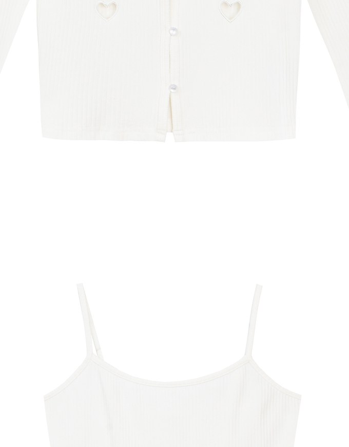 Heart Cutout Buttoned Knit Cardigan and Spaghetti Strap Crop Camisole Set Wear