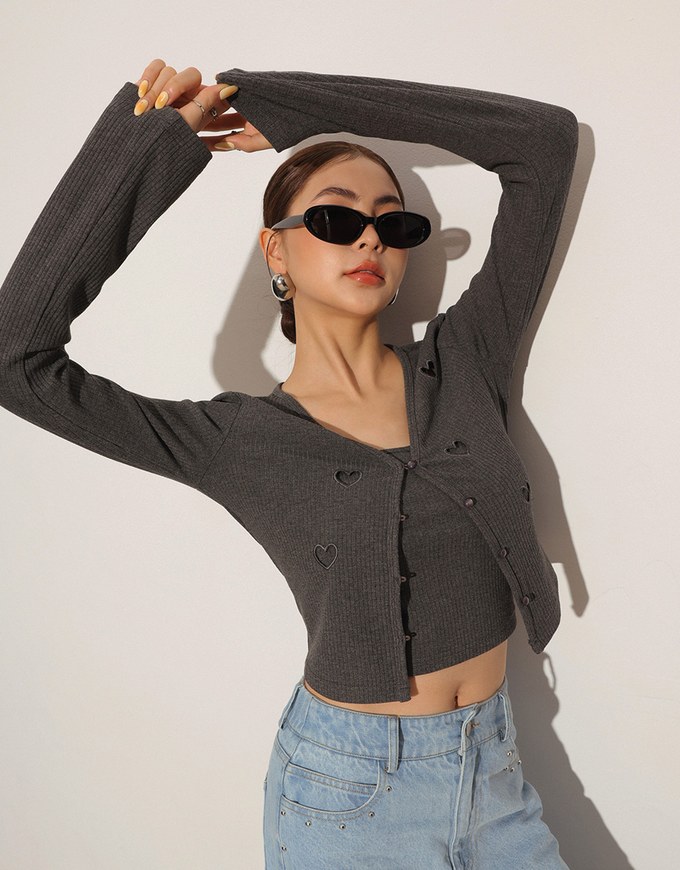 Heart Cutout Buttoned Knit Cardigan and Spaghetti Strap Crop Camisole Set Wear