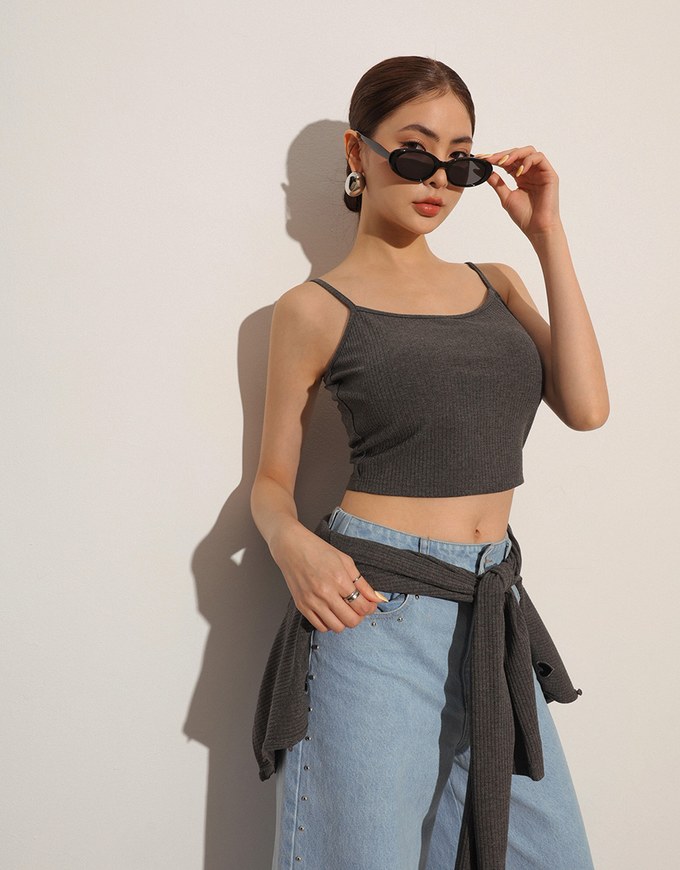 Heart Cutout Buttoned Knit Cardigan and Spaghetti Strap Crop Camisole Set Wear