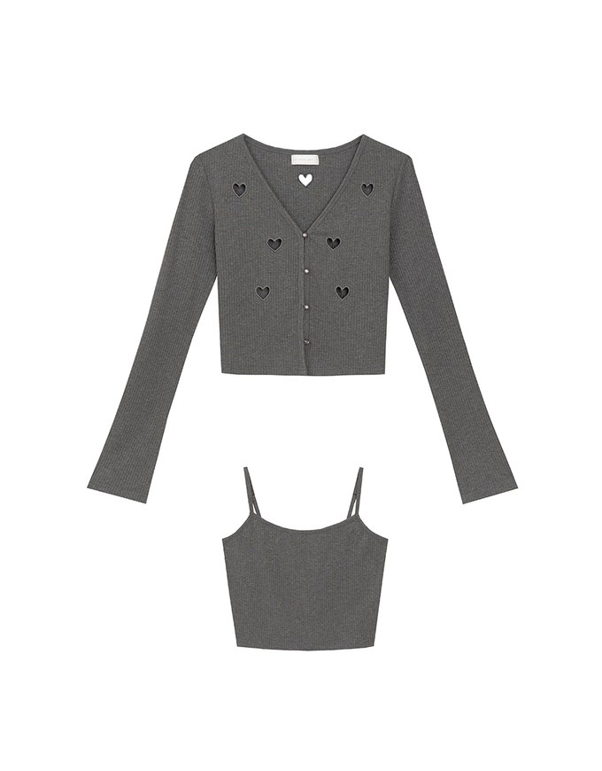 Heart Cutout Buttoned Knit Cardigan and Spaghetti Strap Crop Camisole Set Wear