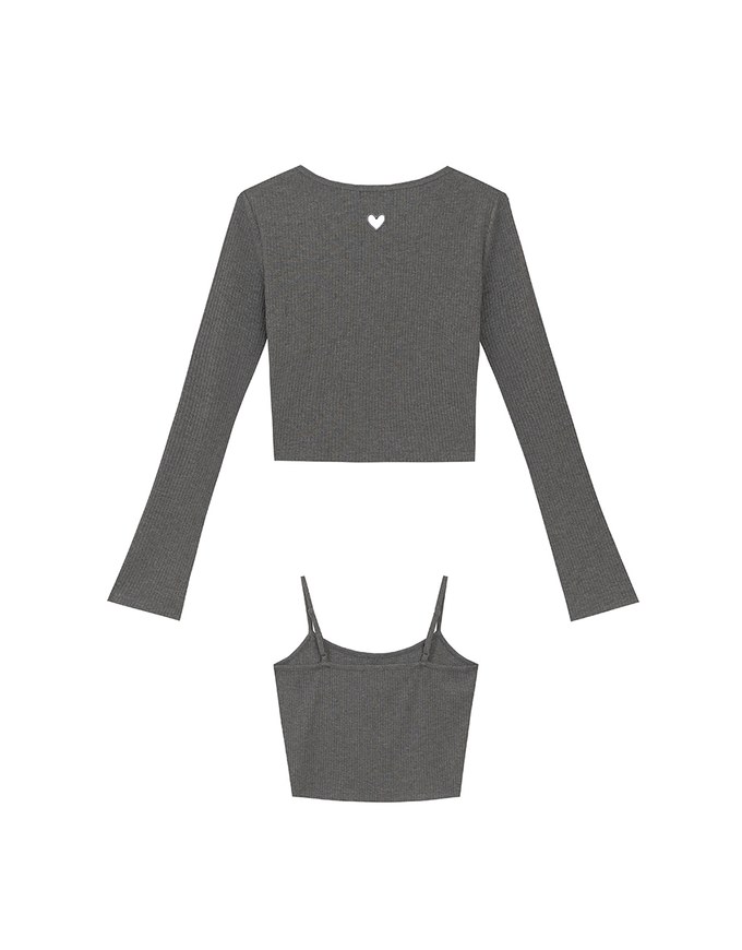 Heart Cutout Buttoned Knit Cardigan and Spaghetti Strap Crop Camisole Set Wear