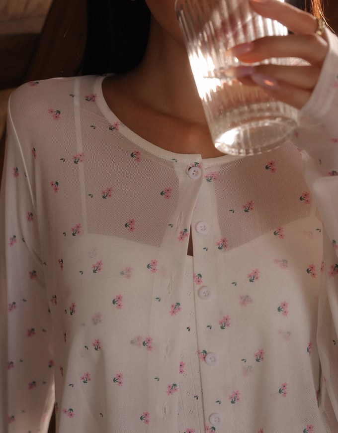 Sheer Mesh Long Sleeve Cardigan with Matching Floral Print Padded Crop Cami Top Set Wear