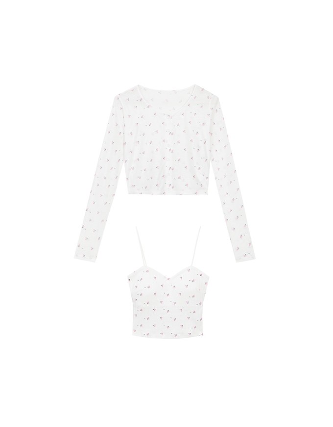 Sheer Mesh Long Sleeve Cardigan with Matching Floral Print Padded Crop Cami Top Set Wear