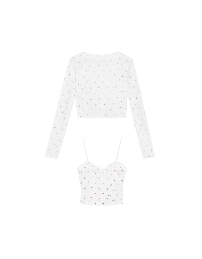 Sheer Mesh Long Sleeve Cardigan with Matching Floral Print Padded Crop Cami Top Set Wear