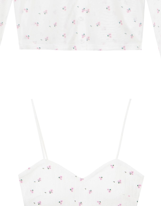 Sheer Mesh Long Sleeve Cardigan with Matching Floral Print Padded Crop Cami Top Set Wear