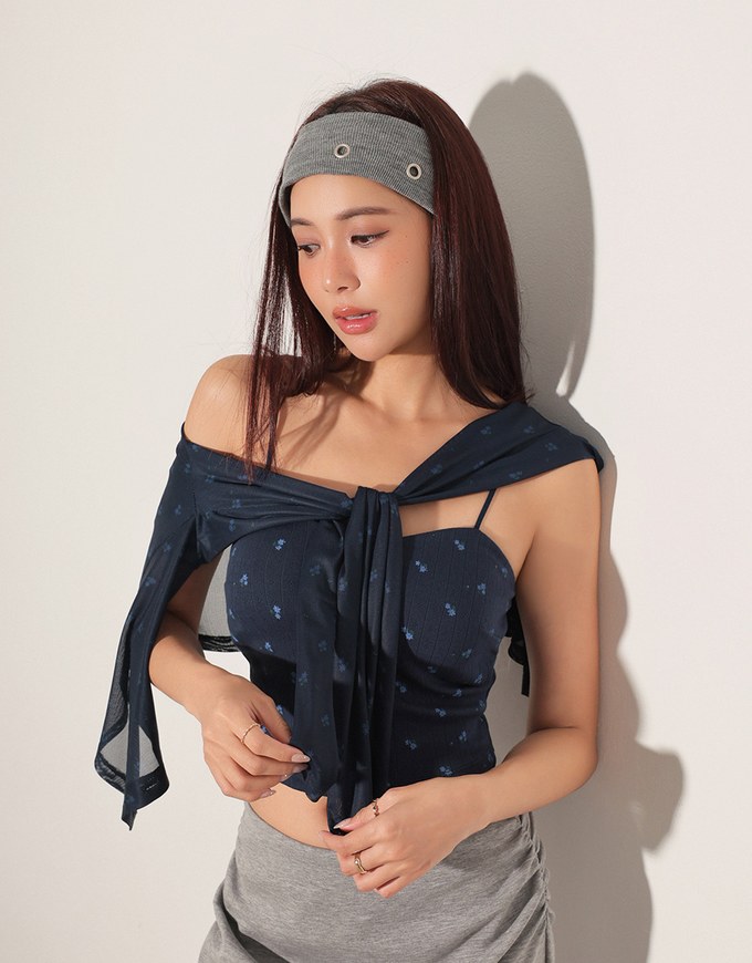 Sheer Mesh Long Sleeve Cardigan with Matching Floral Print Padded Crop Cami Top Set Wear