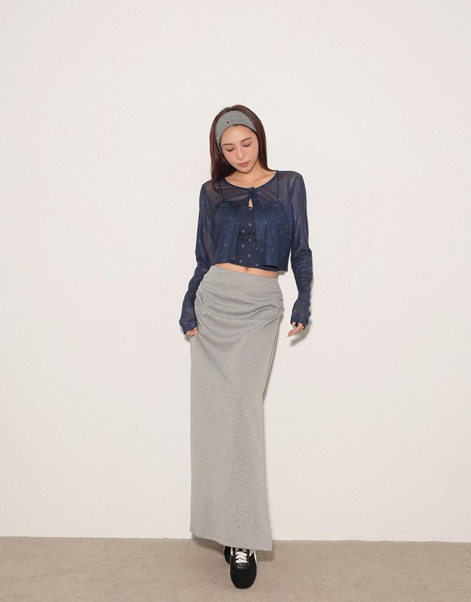 Sheer Mesh Long Sleeve Cardigan with Matching Floral Print Padded Crop Cami Top Set Wear