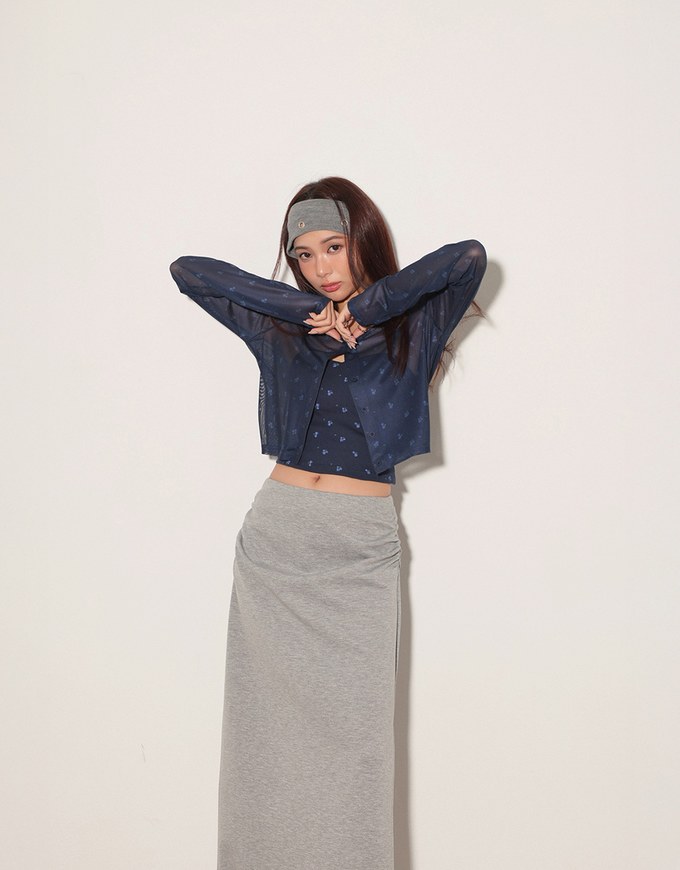 Sheer Mesh Long Sleeve Cardigan with Matching Floral Print Padded Crop Cami Top Set Wear