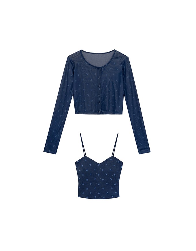 Sheer Mesh Long Sleeve Cardigan with Matching Floral Print Padded Crop Cami Top Set Wear