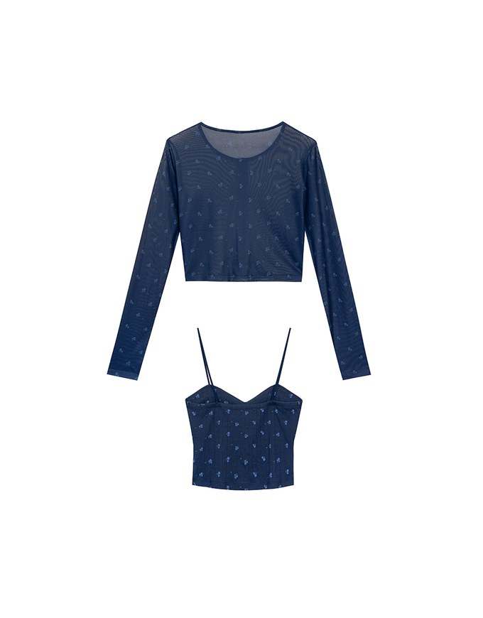 Sheer Mesh Long Sleeve Cardigan with Matching Floral Print Padded Crop Cami Top Set Wear