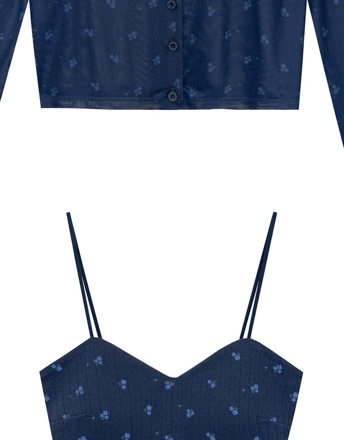 Sheer Mesh Long Sleeve Cardigan with Matching Floral Print Padded Crop Cami Top Set Wear