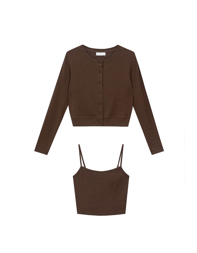 Cropped Button Front Cardigan and Spaghetti Strap Crop Camisole Set Wear