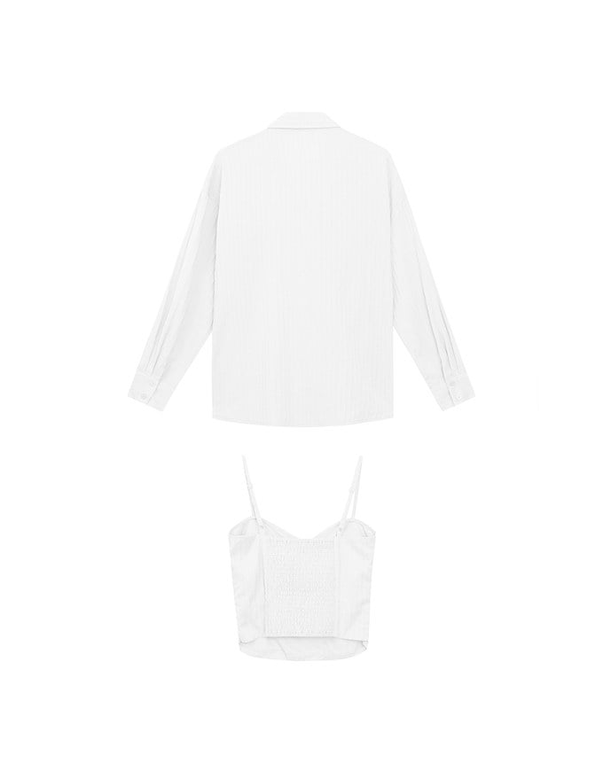 Striped Button Down Shirt Blouse with Ruched Cami Bra Top Set Wear