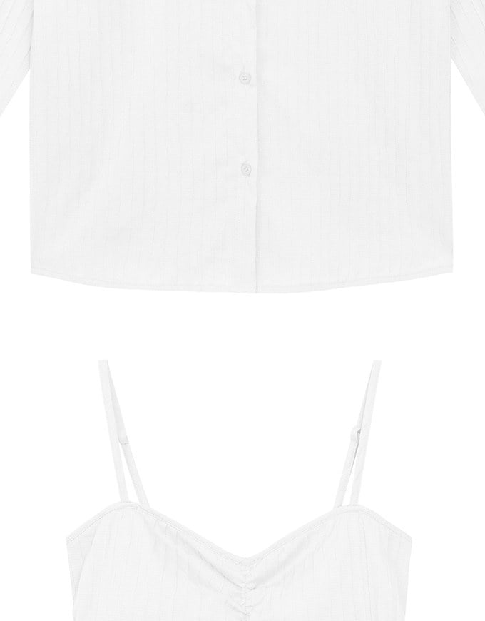 Striped Button Down Shirt Blouse with Ruched Cami Bra Top Set Wear