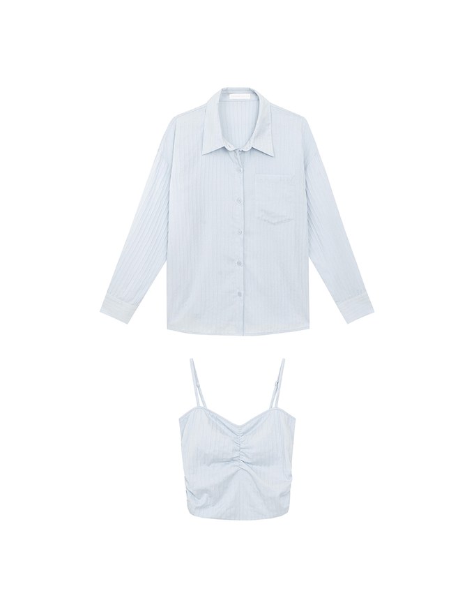 Striped Button Down Shirt Blouse with Ruched Cami Bra Top Set Wear