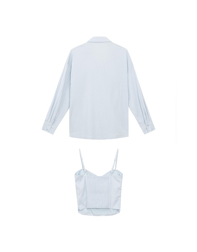 Striped Button Down Shirt Blouse with Ruched Cami Bra Top Set Wear