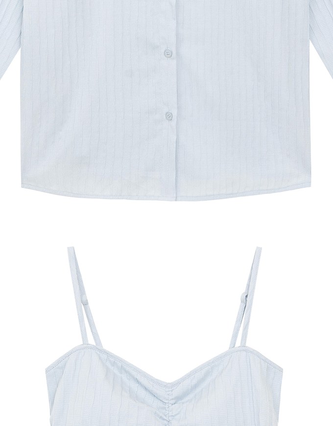 Striped Button Down Shirt Blouse with Ruched Cami Bra Top Set Wear