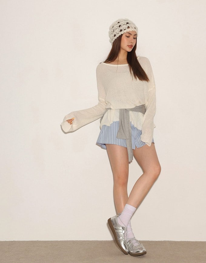 Sheer Round Neck Long Sleeve Oversized Knit Top