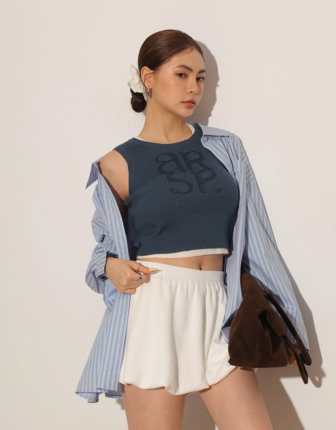 Crop Ribbed Knit Tank Top with AIR SPACE Logo Embroidered