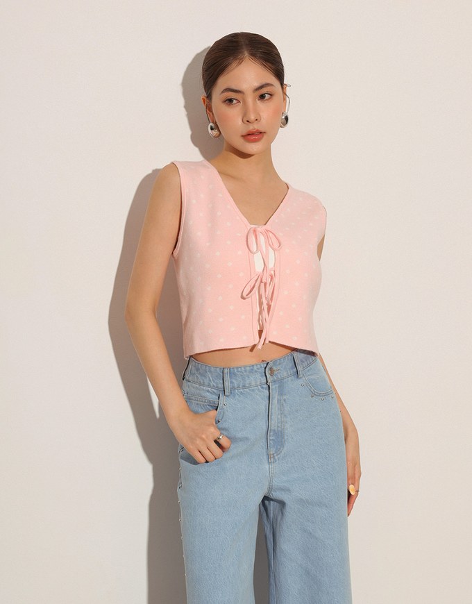 Polka Dot Tie Front Sleeveless Knit Vest Top