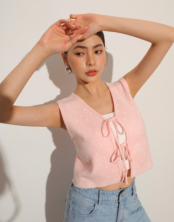 Polka Dot Tie Front Sleeveless Knit Vest Top