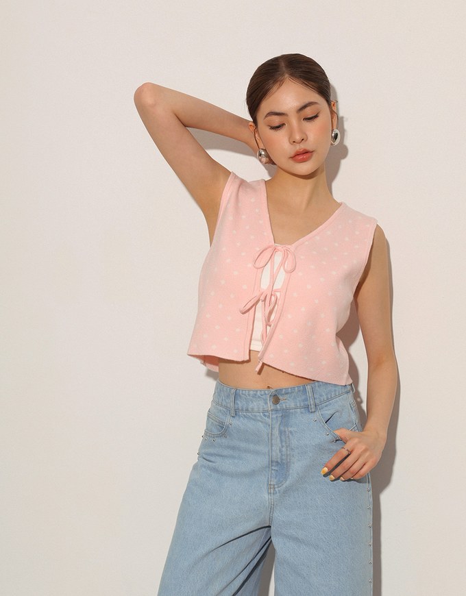 Polka Dot Tie Front Sleeveless Knit Vest Top