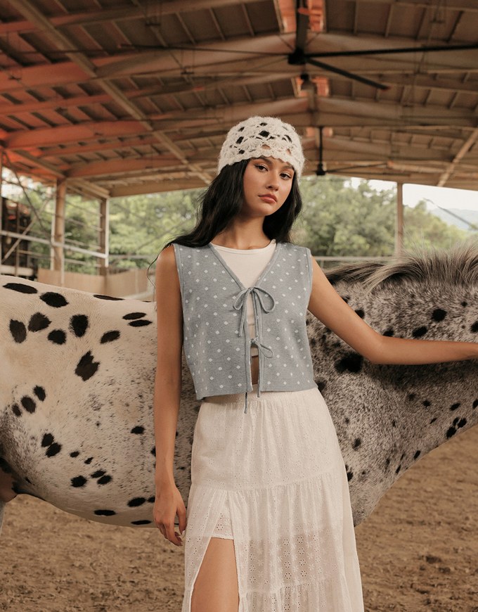 Polka Dot Tie Front Sleeveless Knit Vest Top