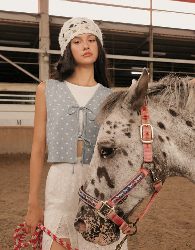 Polka Dot Tie Front Sleeveless Knit Vest Top