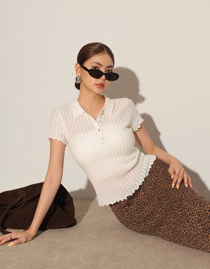 Semi-Sheer Knit Polo Top with Pastel Button Design