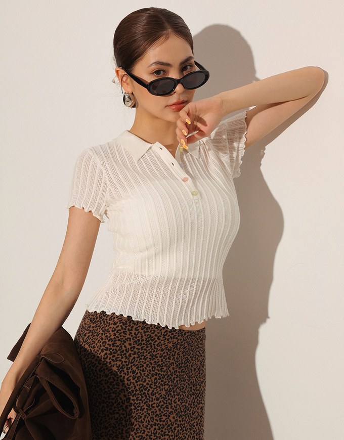 Semi-Sheer Knit Polo Top with Pastel Button Design