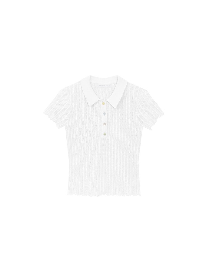 Semi-Sheer Knit Polo Top with Pastel Button Design