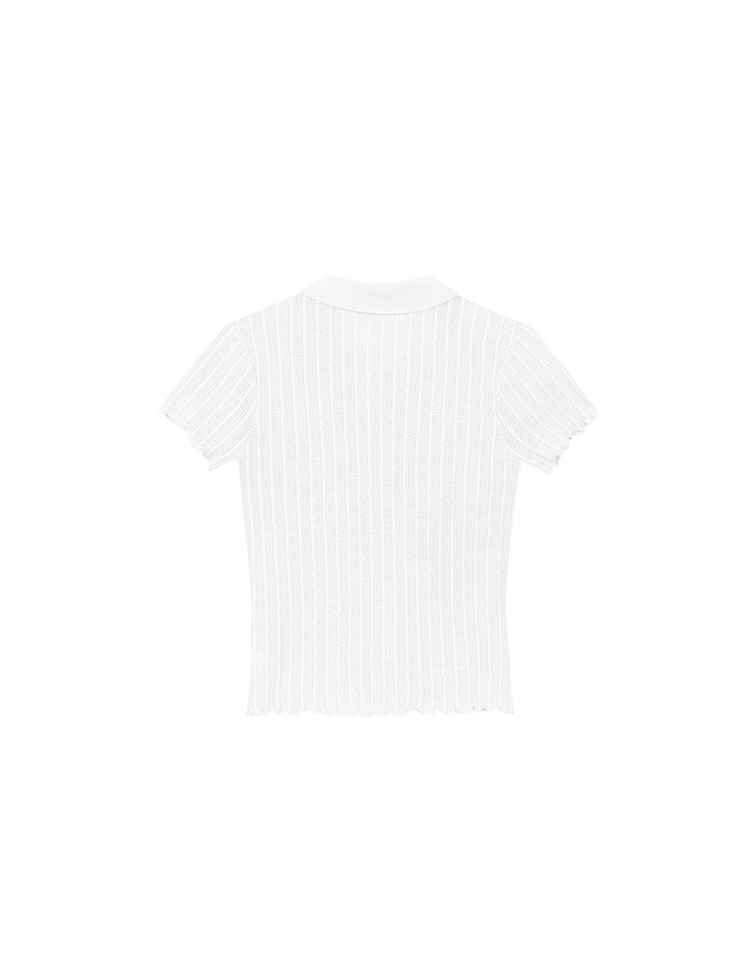 Semi-Sheer Knit Polo Top with Pastel Button Design