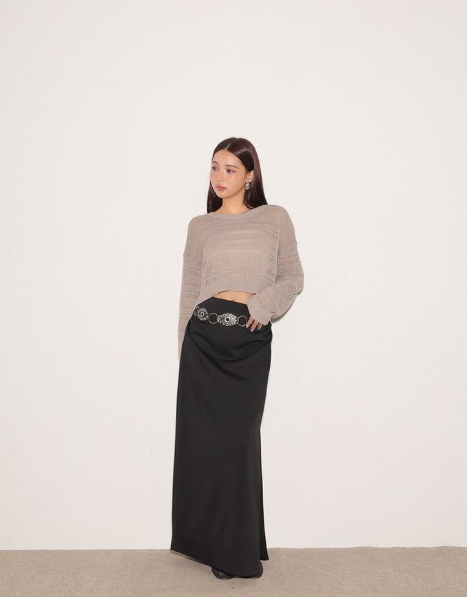 Sheer Striped Knit Relaxed Fit Long Sleeve Sweater