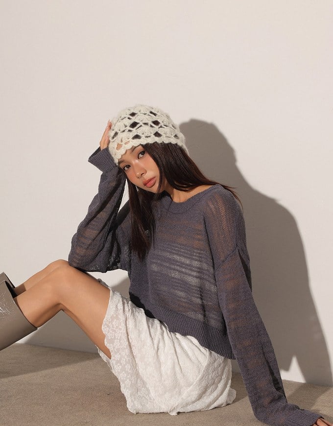 Sheer Striped Knit Relaxed Fit Long Sleeve Sweater