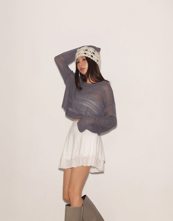 Sheer Striped Knit Relaxed Fit Long Sleeve Sweater