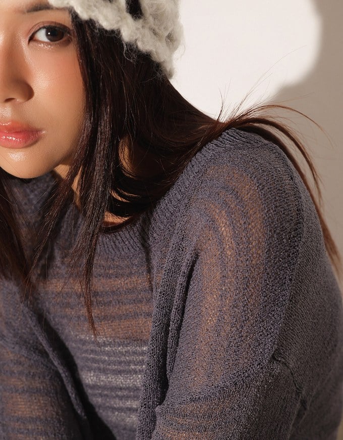 Sheer Striped Knit Relaxed Fit Long Sleeve Sweater