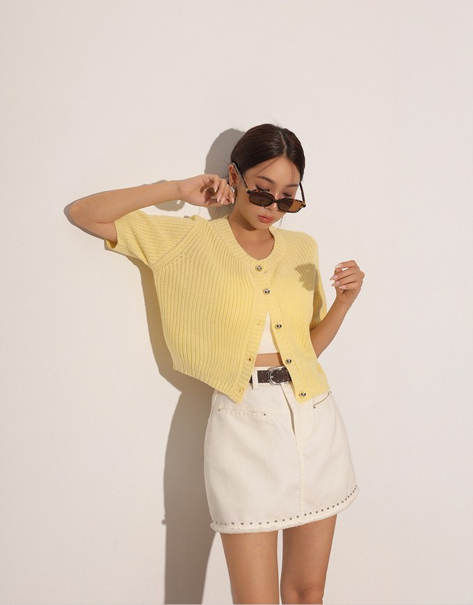 Round Neck Ribbed Knit Button Up Cardigan Top