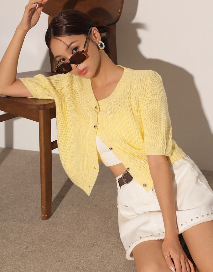 Round Neck Ribbed Knit Button Up Cardigan Top