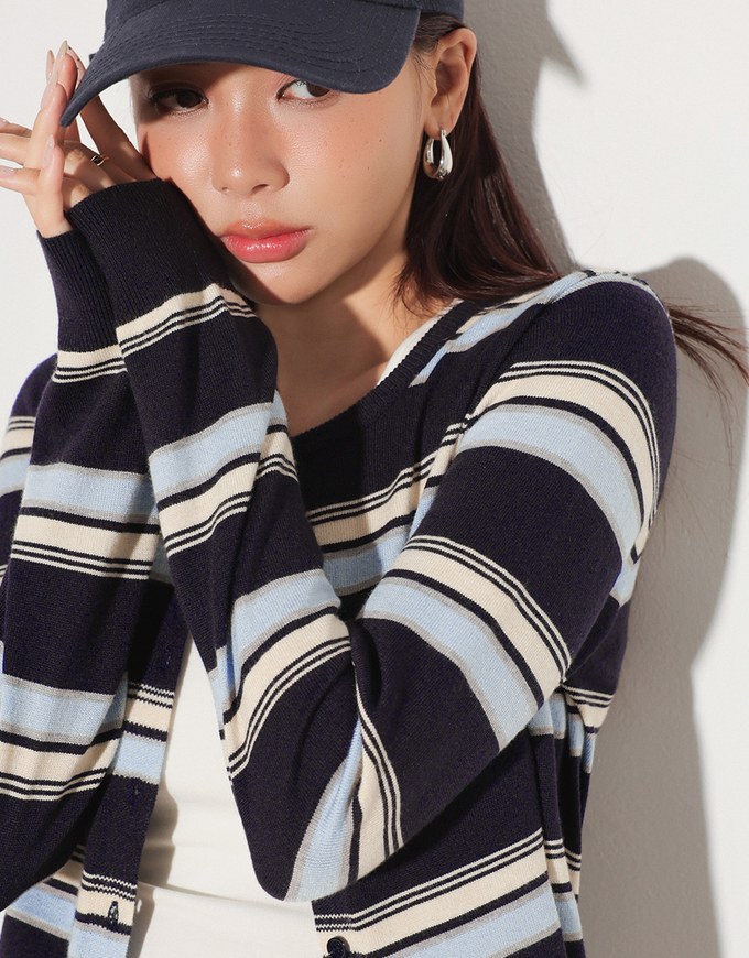 Contrast Striped Knit Button Up Cropped Cardigan