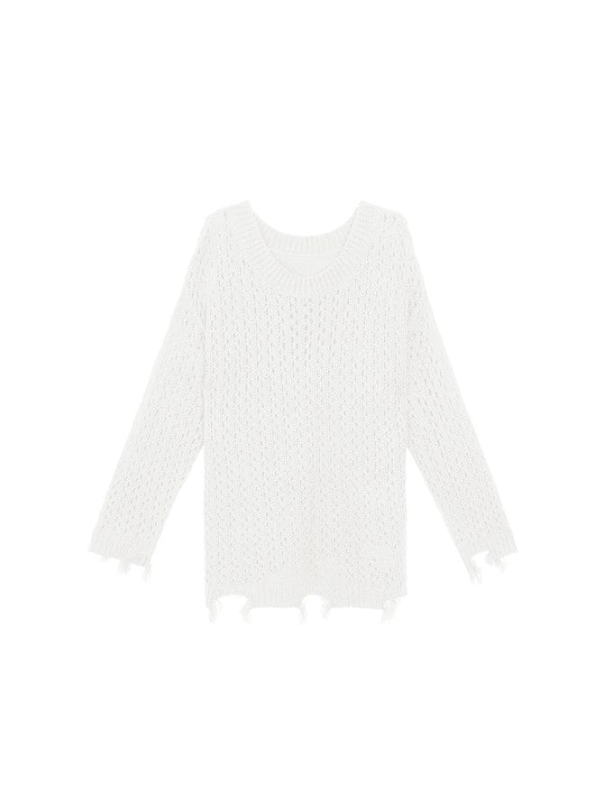 Distressed Hem Open Knit Pullover Sweater
