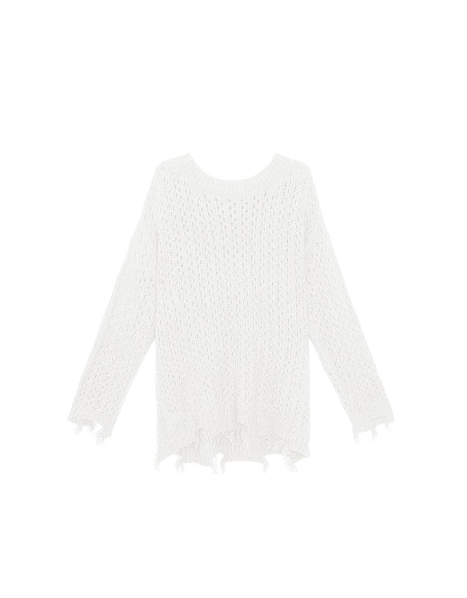 Distressed Hem Open Knit Pullover Sweater