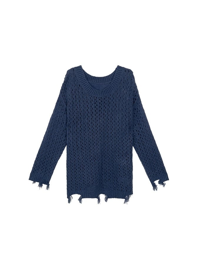 Distressed Hem Open Knit Pullover Sweater