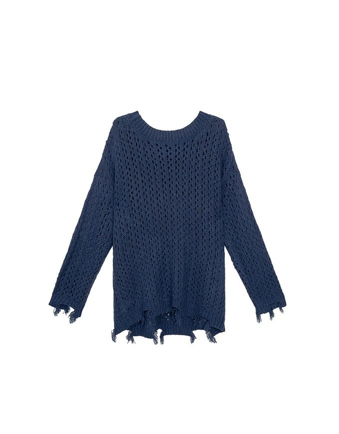 Distressed Hem Open Knit Pullover Sweater